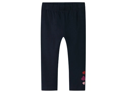 Name It leggings i mørkeblå med glimmerhjerter ved anklen, set forfra på hvid baggrund